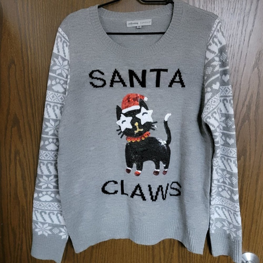 Almost Famous Santa Claws Tuxedo Cat Christmas Sweater 1X Grey Sweater